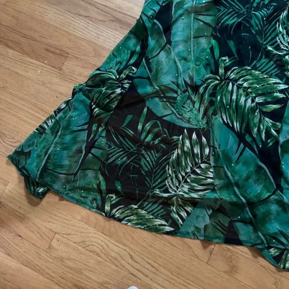 Tropical Print Mesh Maxi Dress Women's Size Small Green Black Bedazzled Bodysuit - Picture 6 of 8